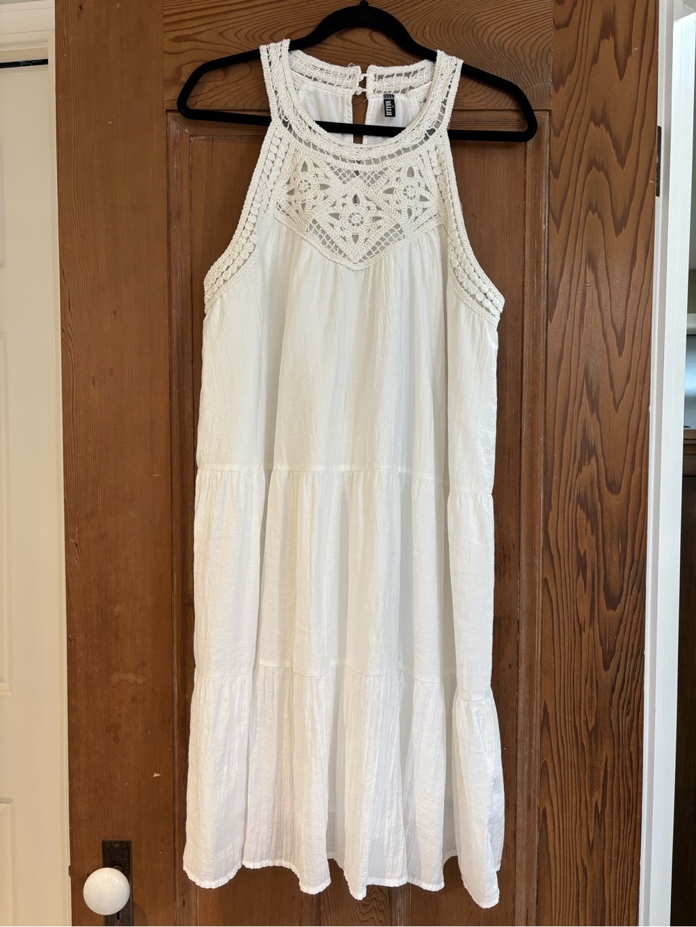 Sleeveless White Crochet Yoke Summer Dress Size XL